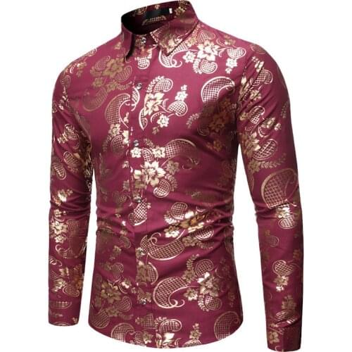 2020 New Mens Gilded Casual Lapel Shirt Mens Slim Long Sleeve Floral Shirt