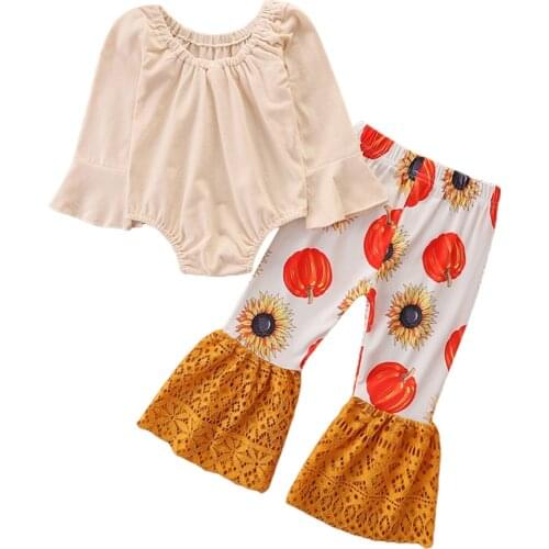 2021 3-24M Baby Girl Halloween Clothes Set Solid Color Flare Long Sleeve O Neck Playsuit+Pumpkin Sunflower Print Patchwork Pants