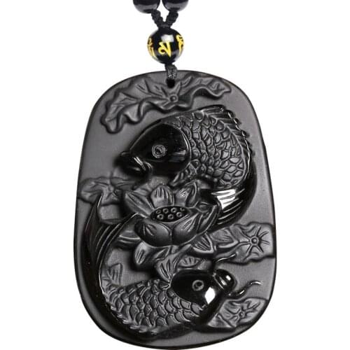 Natural Black Obsidian Double Carp Pendant Beads Necklace Charm Jewelry Fashion Lucky Amulet Gifts for Women Men