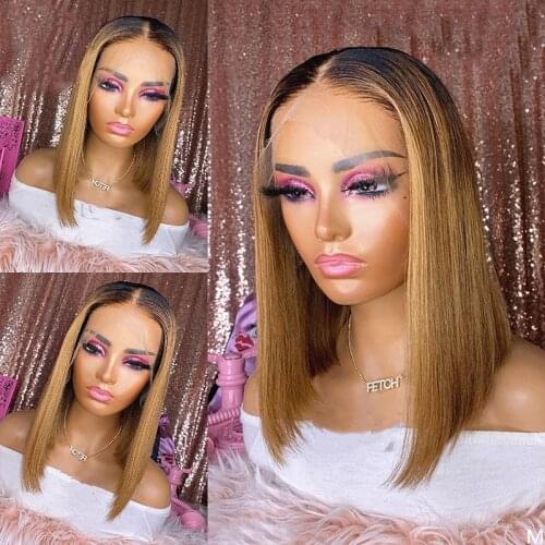 Ombre Blonde Lace Front Human Hair Wigs Straight Bob 1B/27 Peruvian Remy Lace Closure Wig For Women Pre Plucked T Part Lace Wig