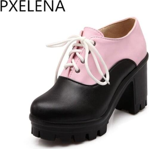PXELENA 2018 New Punk Rock Gothic Platform Chunky Block High Heels Women Pumps Round Toe Lace Up Dress Shoes Ladies Color Mixed