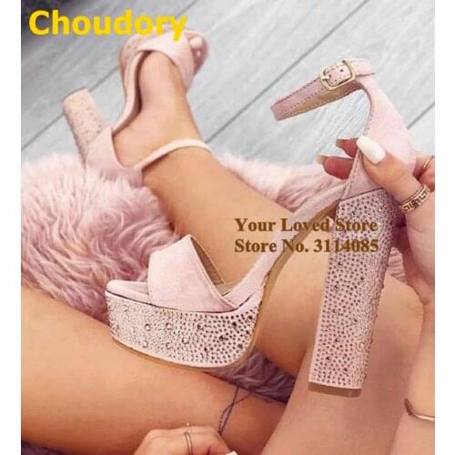 Choudory Pink Bling Bling Crystal Chunky Heels High Platform Glittering Sandals Buckle Strap Wedding Shoes Big Size52 Prom Shoes