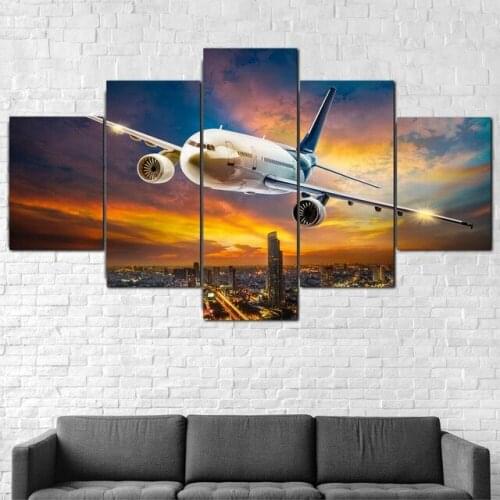 Airplane Home Decoration Painting City Night Wall Picture for Living Room Decoration Five-Piece Canvas Posters and Prints Art