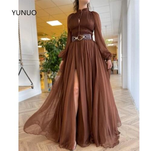 HONGFUYU Floor Length Chiffon Formal Evening Dresses вечерние платья O-neck Long Sleeve Prom Party Gowns Side Split Custom Made