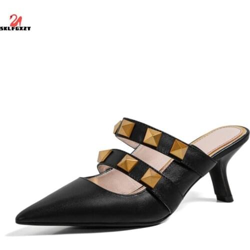 SKLFGXZY 2020 New Gold Studded Slippers Women Pointy Toe Mules Summer Leather Slides Runway Dress Shoes Woman Designer