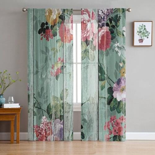 Retro Wood Textured Modern Flower Art Voile Tulle Sheer Curtains for Bedroom Living Room Kitchen Decor Chiffon Windows Curtain