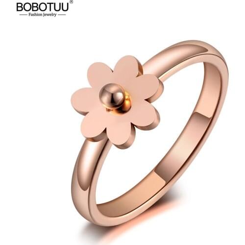 BOBOTUU Trendy Cute Titanium Stainless Steel Party Rings For Women Girl Rose Gold Small Daisy Flower Female Ring Jewelry BR19119