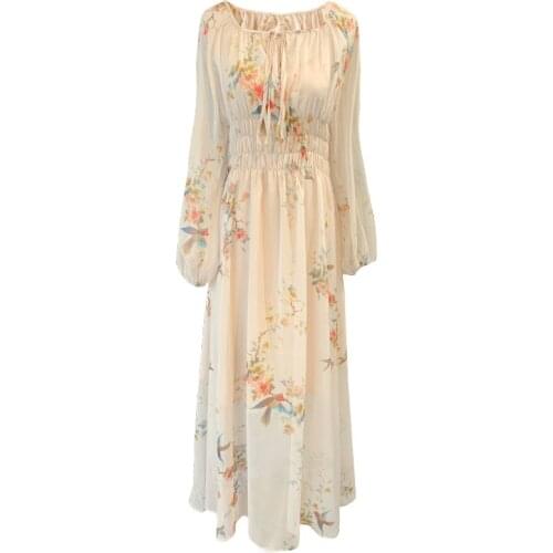 2021 Summer Women Classic Dress Long Sleeve Beach Vacation Chiffon French Style V-Neck Floral Temperament Party Dresses