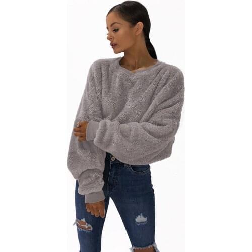 Winter Plush Loose Women Sweater Casual Loog Sleeve Crop Tops Soild O-Neck Pullover Jumpers Fashion Oversized Sweater Streetwear