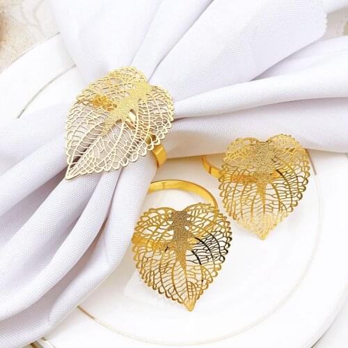10pcs Hotel golden leaf napkin ring metal hollow napkin buckle cloth ring