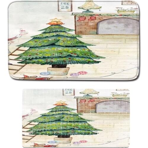 2pcs/ Set Soft Print Flannel Foor Mat + Pvc Non-slip Bathroom Mat Slide-proof Rug for Shower Door Home Decorative Tree Candy