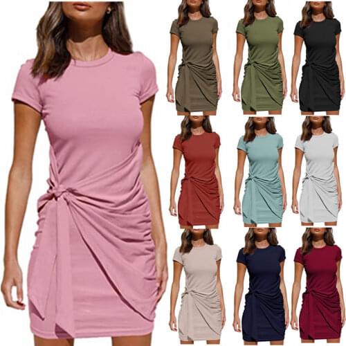 2021 Fashion spring summer women clothing new casual short sleeveslim pleated dress women sumdress o neck mini vestido de mujer