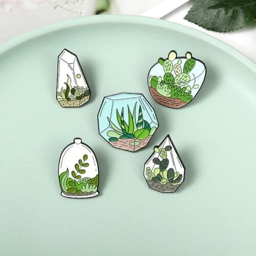 Cartoon fresh glass closed plant potted pin cactus aloe water grass green plant brooch badge