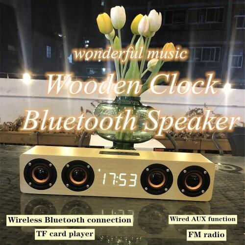 Wooden Wireless Bluetooth Speaker Clock Boombox TV Soundbar Portable Subwoofer Soundbox Home Theater Music Center TF AUX Radio