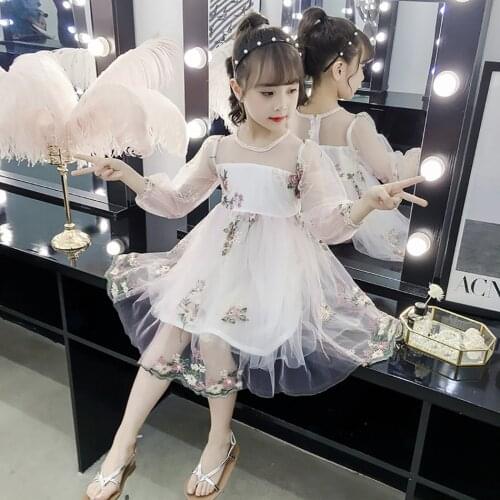Lovely Princess Dresses for Girls Spring Mesh Lace Clothes Long Sleeve Festival Birthday Party Fancy Dress Performance Costumes