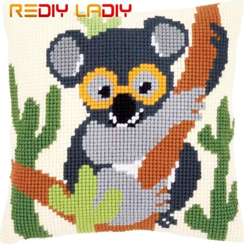 Cross Stitch Cushion Cover Cartoon Koala Pillow Case Pre-Printed Canvas Acrylic Thick Yarn Crafts Cross-stitch Needlepoint Kits