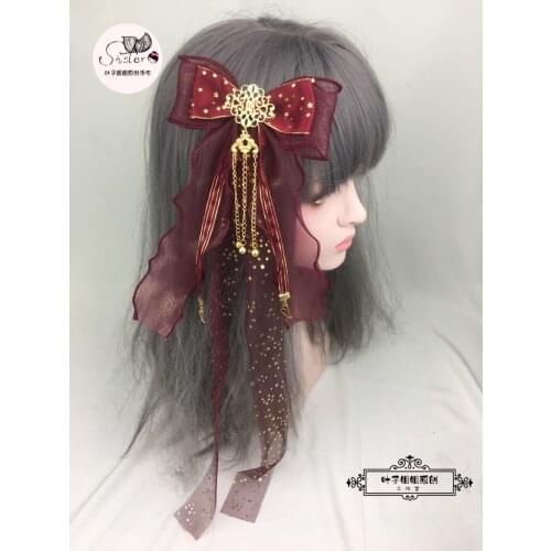Origional Lolita Handmade Gorgeous Chinese Style Side Clip Bow Harajuku Cute Gothic Wine Red Color Hair Clip