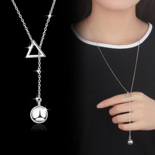 Color Preserving Sweater Necklace ball Pendant through triangle Imitation Rhodium Plated brass Chain for women Necklace