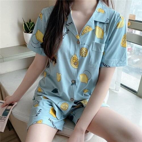 Summer Pajamas Women New Cartoon Print Sleepwear Set Cute Students Nightwear Short Sleeve Home Suit Slim Cotton Pyjamas Female