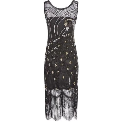 Embroidery & Bead Dress Midi Vestido Women 20s Vintage Peacock Sequin Fringed Party Flapper Dress