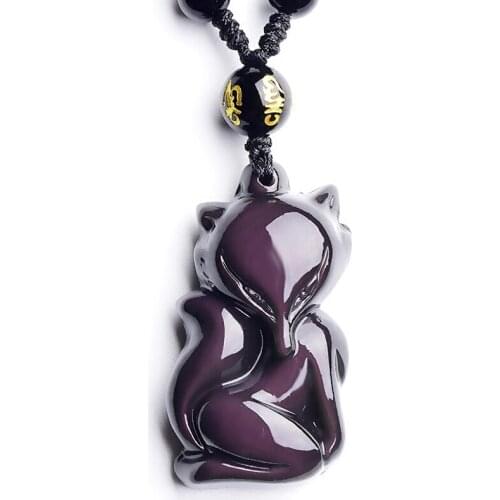 Drop Ship Rainbow Fox Obsidian Pendant Hand Carved Fox With Chain Lucky Amulet Pendant Necklace Female Male Jewelry