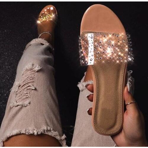 Summer Women Rhinestone Slippers Platform Flat Heels Peep Toe Slides Shiny Fashion Beach Outdoor Ladies Shoes Zapatos De Mujer42