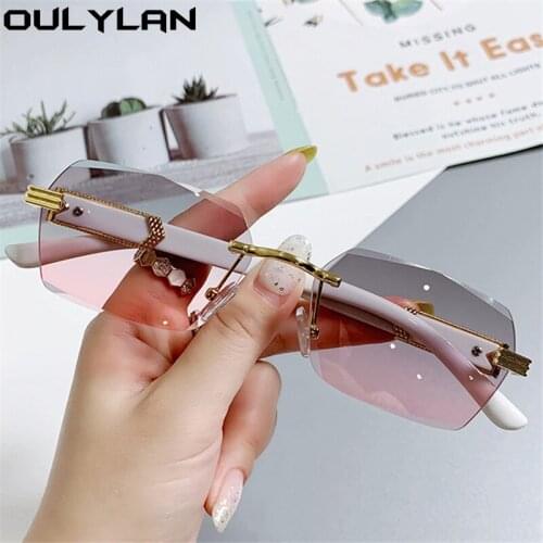 Oulylan Rimless Gradient Sunglasses For Women Men Cutting Lens Square Sun Glasses Ladies Shades UV400 Blue Green Eyeglasses