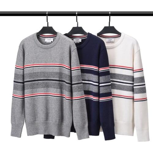 TB BROWIN Autumn Men Wool Sweater Striped Casual Top Cardigan Women Knitting O-Neck Korean Design High Quality Sweatshirt Pullov