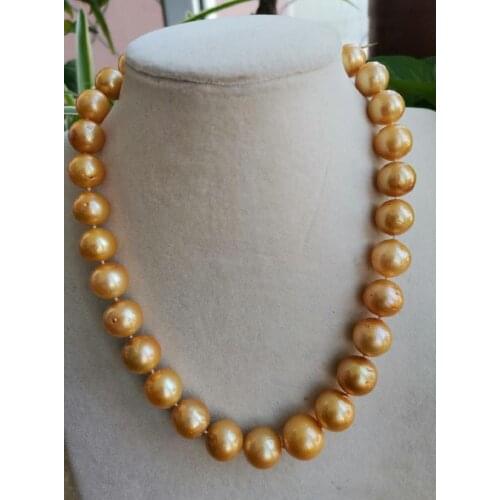 Bright light Slight flaw 18inch Genuine 13-14MM Yellow Gold Edison Pearl Necklace