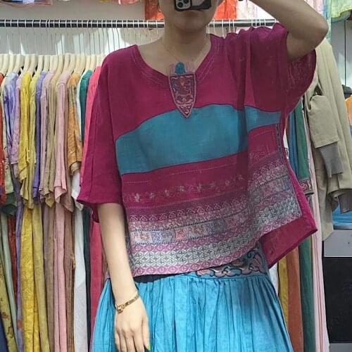 Women Large size T-shirt Summer Patchwork Embroidery Loose Casual Tops Ladies O-Neck T-shirt Tops