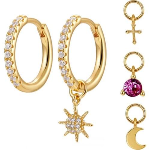 CCFJOYAS Heart/Moon/Star/lightning/Sun/Cross Four Small Pendants Earrings for Women 925 Sterling Silver Hoop Earrings Jewelry