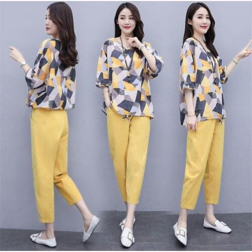 Summer Two Piece Set Women Loose Printed Shirt Tops + Pants Suits Office Lady Fashion Womens Sets Vetement Femme 2021 Plus Size