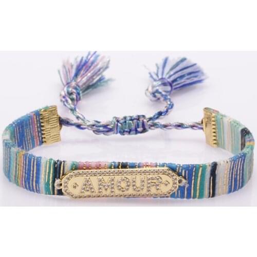 Gold white cz pave letter word AMOUR tag charm soft cotton silk boho bohemia tassel wristband adjustable bracelet for woman