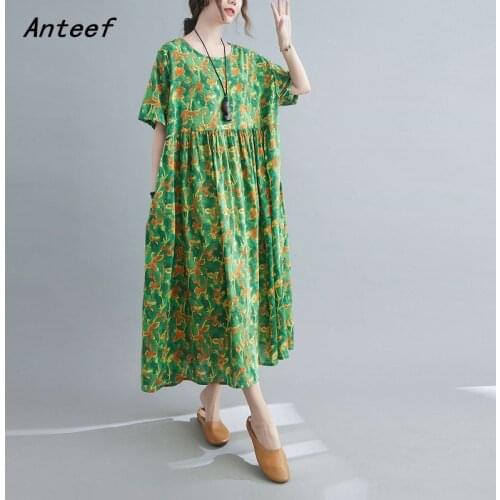 Short sleeve cotton vintage floral dresses for women casual loose long summer dress elegant clothes 2021 sundress