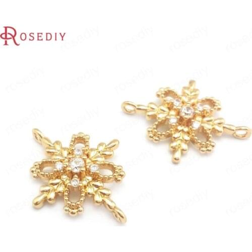 40121)10PCS 18x23MM 24K Champagne Gold Color Brass and Zircon 2 Holes Flower Connect Charms Pendants Jewelry Making Supplies