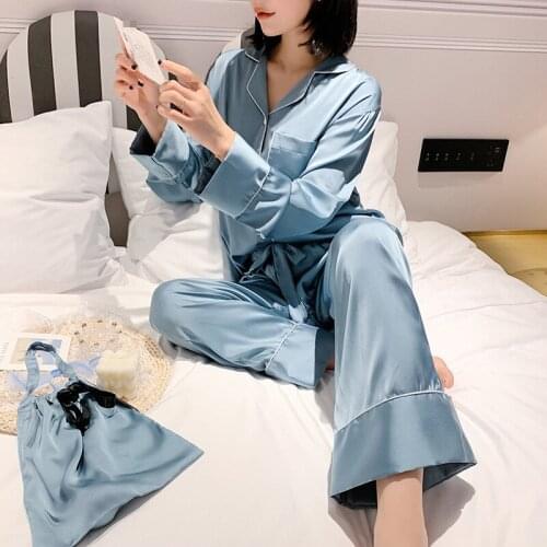 2020 Pyjamas Women Pajamas Sets with Pants Long Sleeve Silk Sleepwear Pijamas Mujer Female Nightsuit Girls Pajamas Oversize Set
