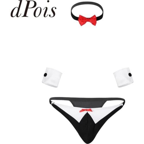 3Pcs Novel Mens Low Rise Bow Tie Tuxedo Thong G-string Briefs Panty with Collar Hommes Men Costume