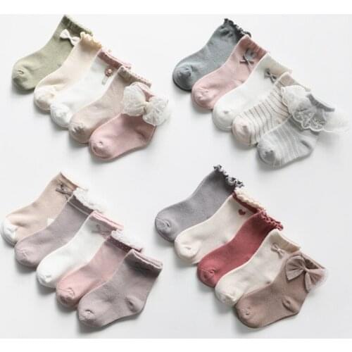 5 Pairs/lot Kids Socks for Girls Cotton Lace Socks Spring Autumn Children Bowknot Lace Accessories Socks Cute Middle Tube Socks