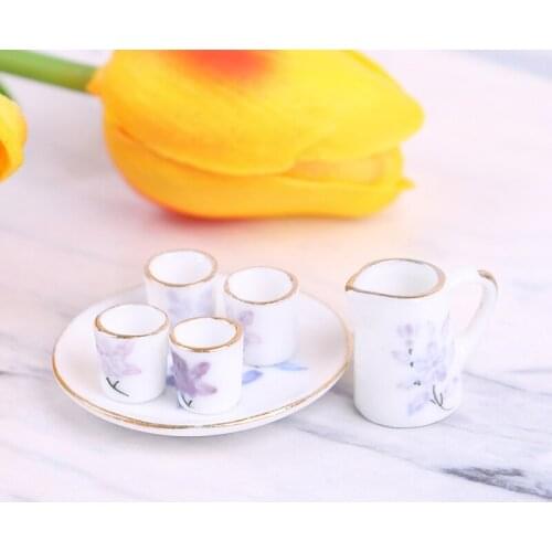 6Pcs/Set Flower Pattern Charms Dish Plate Tea Cup Set for 1/6 Scale Dollhouse House Miniature Pot Porcelain Ceramic Flower Print