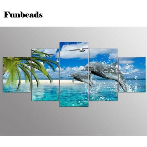 Full Square Round 5 PCS Diamond Painting dolphin DIY 5D Mosaic Diamond Embroidery triptych painting for Living room decor FF587