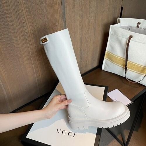 QZYERAI Designer Platform Chelsea Boots Women Genuine Leather Knee High Boots Thick Bottom Shoes Autumn Winter Boots Female