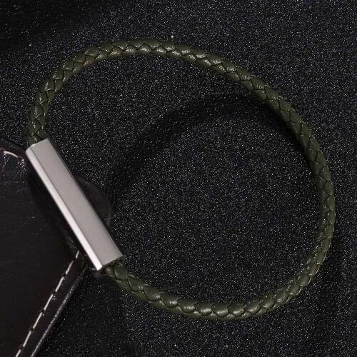 Green Leather Bracelet Men Stainless Steel Magnetic Clasp Handmade Men Bracelets Bangles Braided Leather Bracelet BB0628