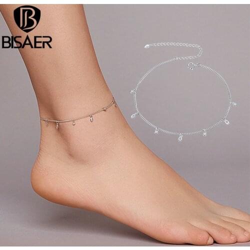 BISAER Simple Tassel Anklets 925 Sterling Silver Sparkling Zircon Chain Anklets For Women Feet Leg Chain Link Jewelry ECT018