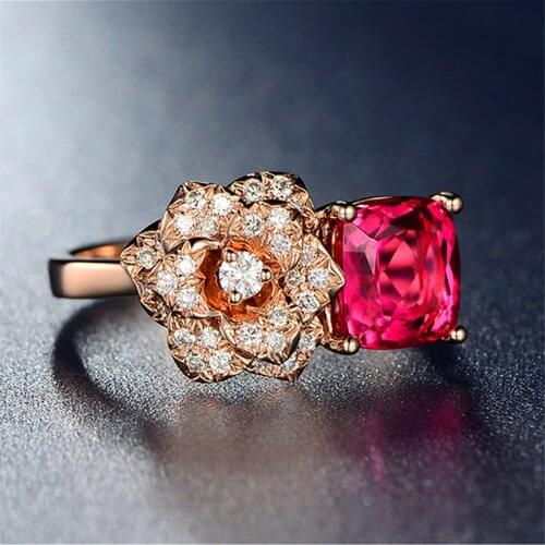 Color Retention Jewelry Size 6/7/8/9 Womens Rose Gold Color Red Flower Crystal Rings Wedding Party Gift R009