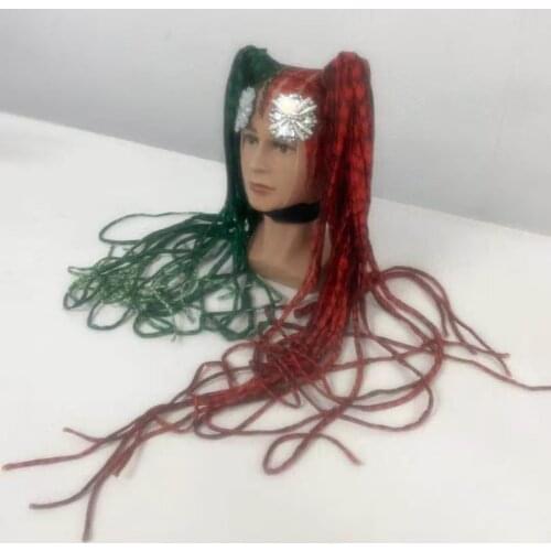 Fashion Club Red Green Braid Rhinestone Headdress Women Crystal Long Hair Wig Party Headwear Unisex Singer Stage Accessories