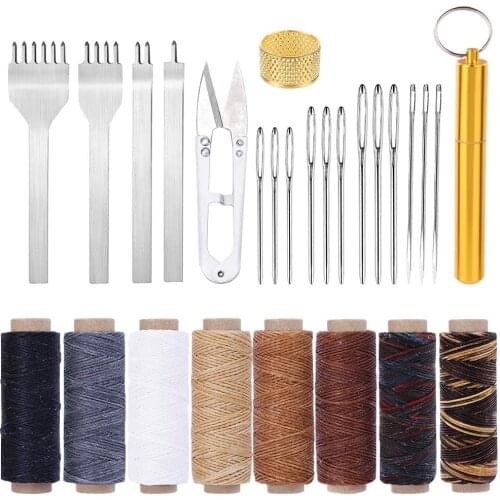 Imzay Leather Sewing Tools And Working Supplies With Prong Punch, Large-Eye Stitching Needles, Waxed Thread For Leather Craft