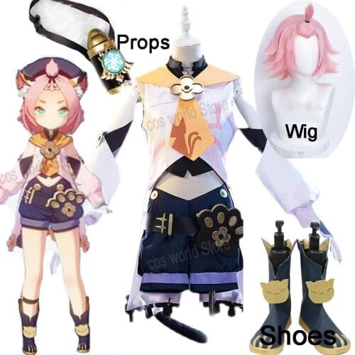 Genshin Impact Diona Cosplay Costume Diona Cute Dress Cosplay Wig Shoes Props Outfit Halloween Sexy Top Shorts Women Men Suits