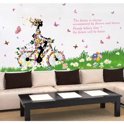 Cartoon bicycle butterfly girl wall sticker PVC Material DIY bicycle girl wall decals For Childrens room bedroom decor sticker