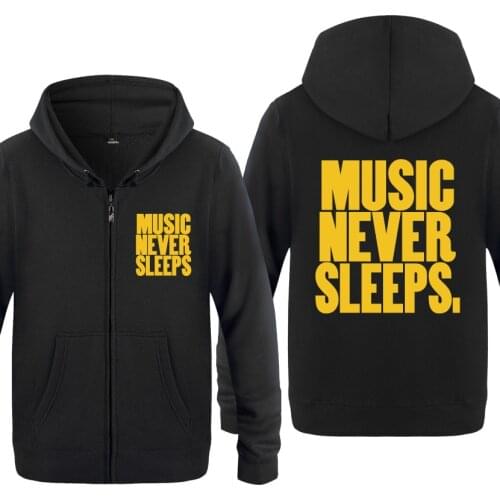 Music Never Sleeps Novelty Funny Hoodies Men Fleece Long Sleeve Zipper Jacket Cardigans Winter Man Hip Hop Pullover Sweatshirts
