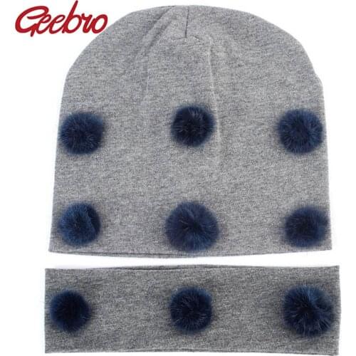 Geebro Soft Baby Beanie Headband Set Pompom Candy Color Boys Girls Outdoor Warm Beanies Mink Fur Pompons Cotton Cap Hairband